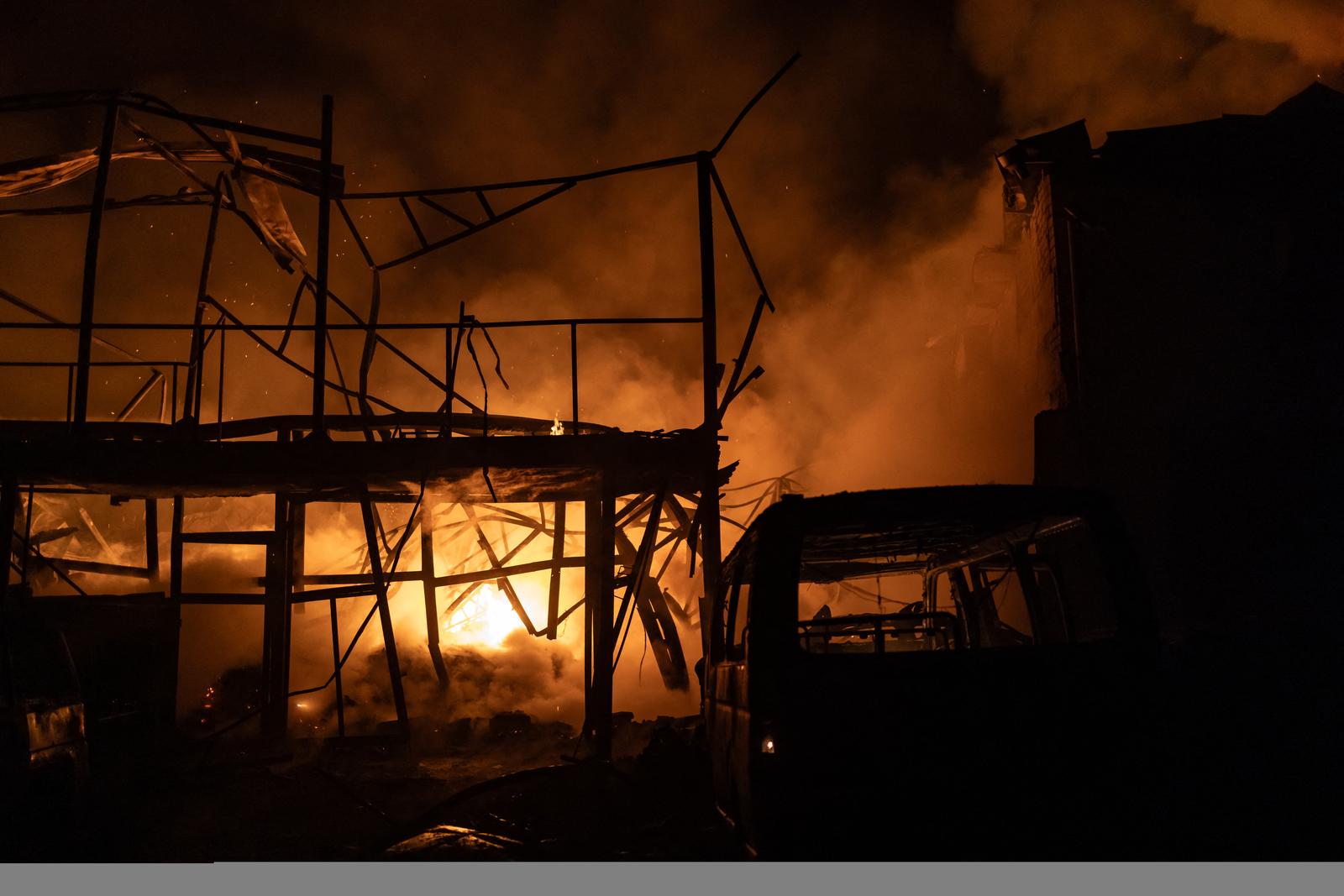 Ukrainian firefighters work to extinguish a fire following an overnight Russian drone strike in Kharkiv on November 3, 2023. Russia launched a massive drone attack early on Friday, hitting critical infrastructure in the west and south of Ukraine and destroying private houses and commercial buildings in Kharkiv, Ukraine's second largest city, officials said. The air force said it shot down 24 "Shahed" drones out of 40 launched by Russia, the biggest drone attack in weeks to target Kharkiv in the northeast, Odesa and Kherson in the south and the region of Lviv on Ukraine's border with Poland in the west. Photo by Yehven Titov/ABACAPRESS.COM Photo: Titov Yehven/ABACA/ABACA