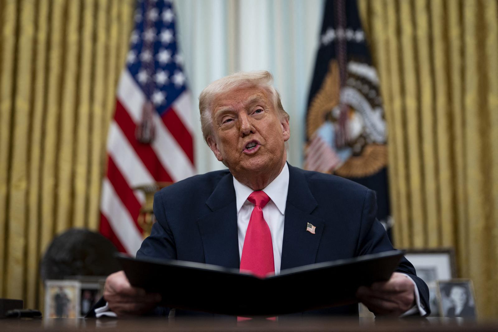 US President Donald Trump speaks in the Oval Office of the White House in Washington, DC, US, on Thursday, March 6, 2025. Trump is signing orders to pause tariffs on USMCA trade from Canada and Mexico until April 2. Photo by Al Drago/Pool/ABACAPRESS.COM Photo: Pool/ABACA/ABACA