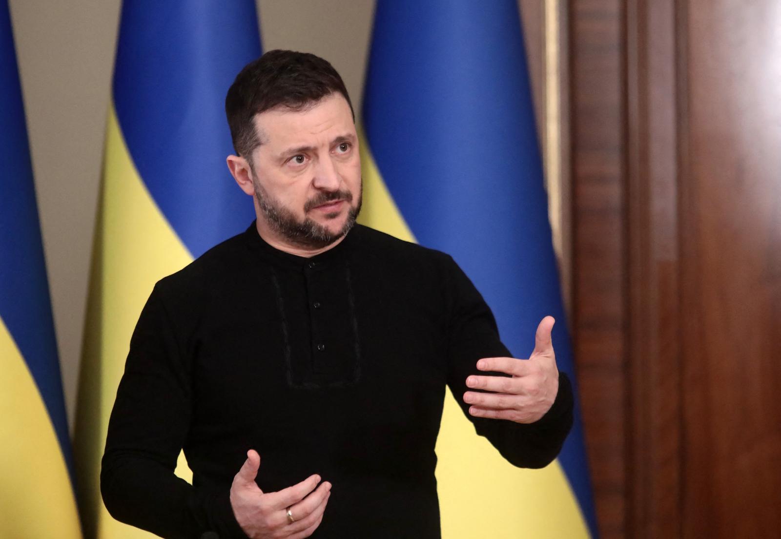 KYIV, UKRAINE - FEBRUARY 12, 2025 - President of Ukraine Volodymyr Zelenskyy attends a joint meeting with the press with Secretary of the Treasury of the United States Scott Bessent, Kyiv, capital of Ukraine. Photo by Volodymyr Tarasov/Ukrinform/ABACAPRESS.COM Photo: Tarasov Volodymyr/Ukrinform/ABACA/ABACA