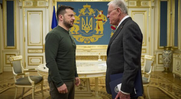 President of Ukraine Volodymyr Zelenskyy and US Special Envoy for Ukraine and Russia Keith Kellogg shake hands during their meeting, Kyiv, capital of Ukraine on February 20, 2025. Photo by Photo by Ukrainian Presidency via ABACAPRESS.COM Photo: ABACA/ABACA