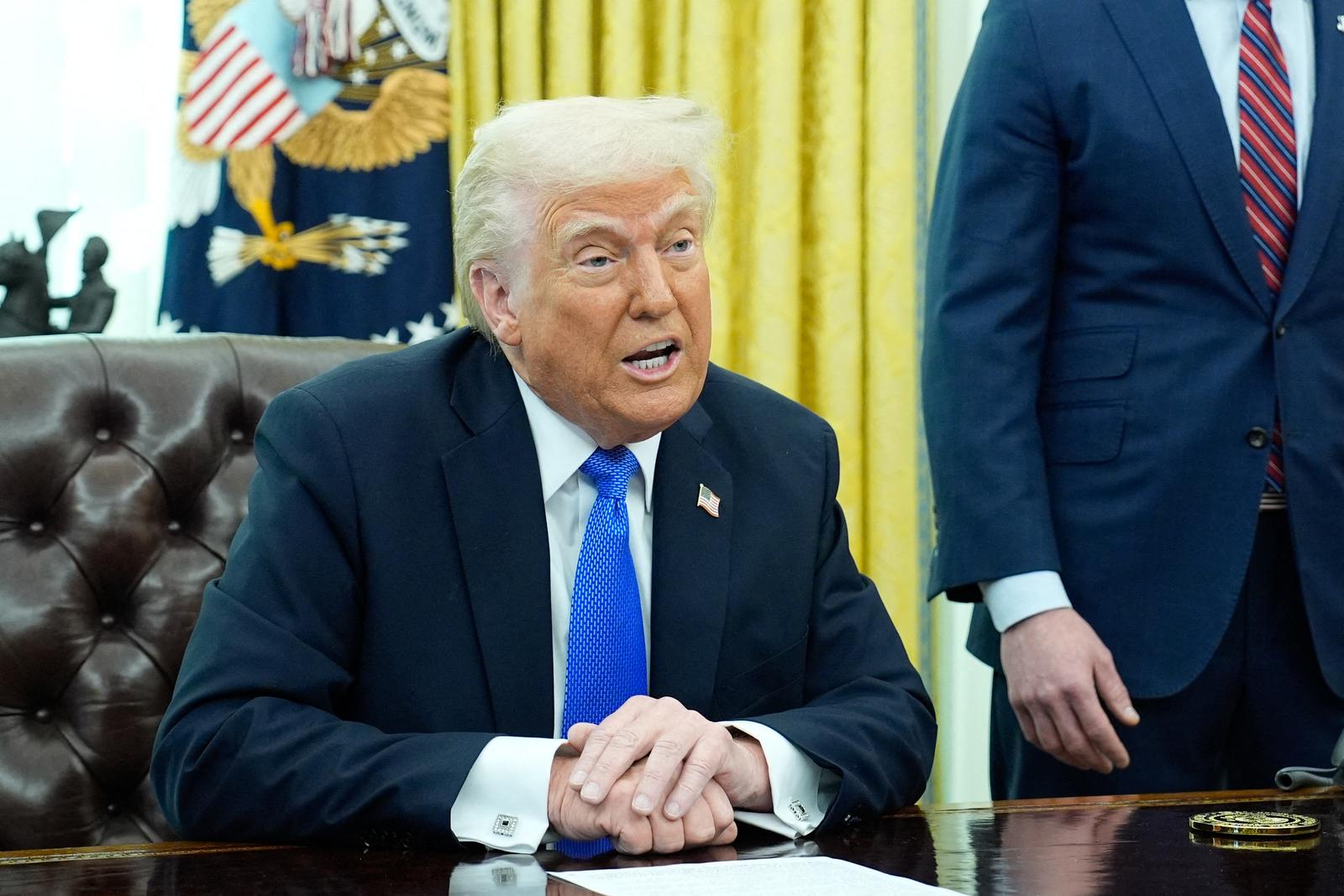 US President Donald Trump with Defense Secretary Pete Hegseth announces the F-47 6th generation fighter jet in the Oval Office of the White House in Washington on March 21, 2025. Photo by Yuri Gripas/ABACAPRESS.COM Photo: Gripas Yuri/ABACA/ABACA