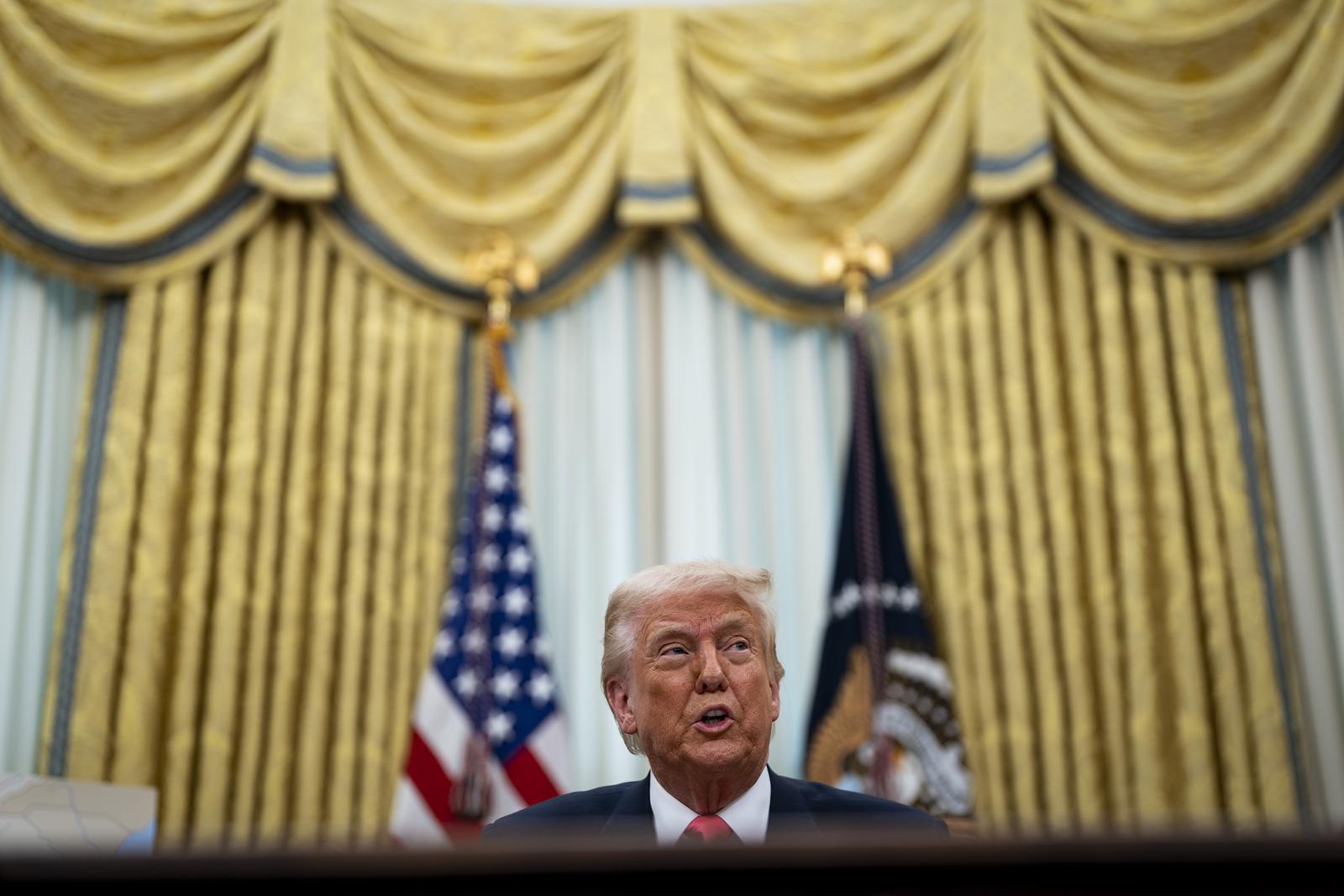 United States President Donald Trump speaks in the Oval Office of the White House in Washington, DC, US, on Thursday, March 6, 2025. Trump is signing orders to pause tariffs on USMCA trade from Canada and Mexico until April 2. Credit: Al Drago / Pool via CNP