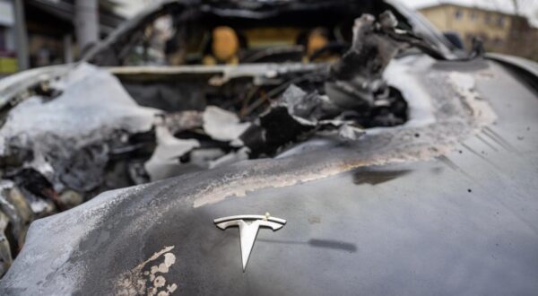 dpatop - 14 March 2025, Berlin: A burnt-out Tesla car stands in the Steglitz district of Berlin. Four Teslas are suspected to have been set on fire in Berlin last night. They may have been arson attacks by extremists. The State Security Department of the State Criminal Police Office (LKA), which is responsible for political offenses, is investigating. According to the police, a political motive on the part of the perpetrators cannot be ruled out. Photo: Christophe Gateau/dpa Photo: Christophe Gateau/DPA