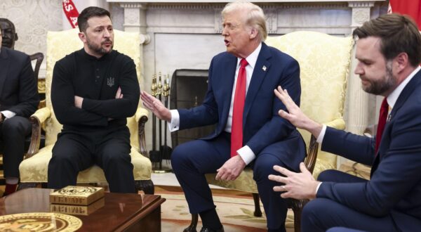 Ukrainian President Volodymyr Zelensky (L) talks with US President Donald Trump (C) and US Vice President JD Vance (R) in the Oval Office of the White House in Washington, DC, USA, 28 February 2025. Zelensky is in Washington to sign the framework of a deal, pushed by President Trump, to share Ukraines’s mineral wealth with the US.
Credit: Jim LoScalzo / Pool via CNP/AdMedia Photo: CNP/AdMedia/NEWSCOM