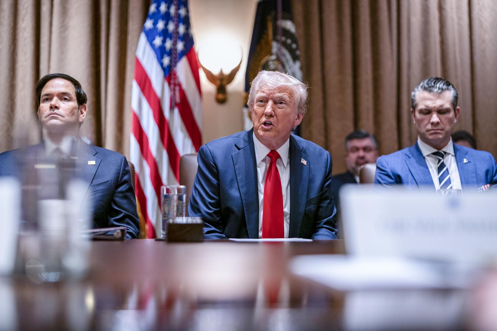 From left to right: United States Secretary of State Marco Rubio, US President Donald J Trump, and US Secretary of Defense Pete Hegseth, during a cabinet meeting at the White House in Washington, DC, US, on Wednesday, Feb. 26, 2025. Elon Musk's demand that more than two million federal employees defend their work is facing pushback from other powerful figures in the Trump administration, in a sign that the billionaire's brash approach to overhauling the government is creating division.  Credit: Al Drago / Pool via CNP Photo via Newscom Photo: Al Drago - Pool via CNP/NEWSCOM