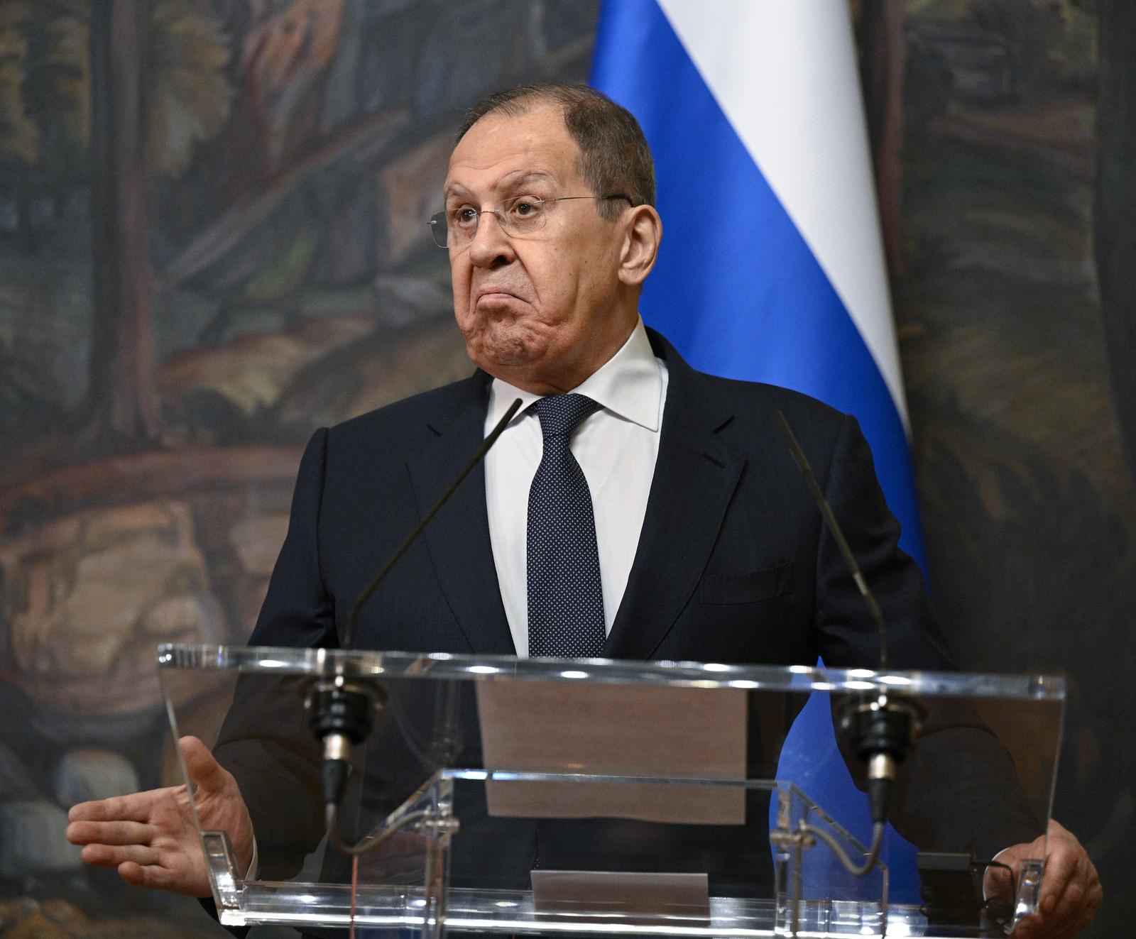Russian Foreign Minister Sergei Lavrov during a press conference following the negotiations.
Credit: Evgeniy Razumniy/Kommersant Photo/Sipa USA Photo: Kommersant Photo Agency/SIPA USA