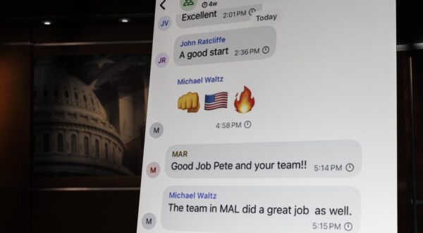 A poster of the Signal group chat of Trump Administration officials discussing an upcoming strike against Houthi positions is seen during a House Democratic press conference in the Capitol Building in Washington DC on Tuesday, March 25, 2025. Democrats are calling for investigations and resignations after a reporter was inadvertently added to a group chat with Trump Administration officials including the Vice President, CIA Director and Secretary of Defense. (Photo by Aaron Schwartz/Sipa USA) Photo: Sipa USA/SIPA USA