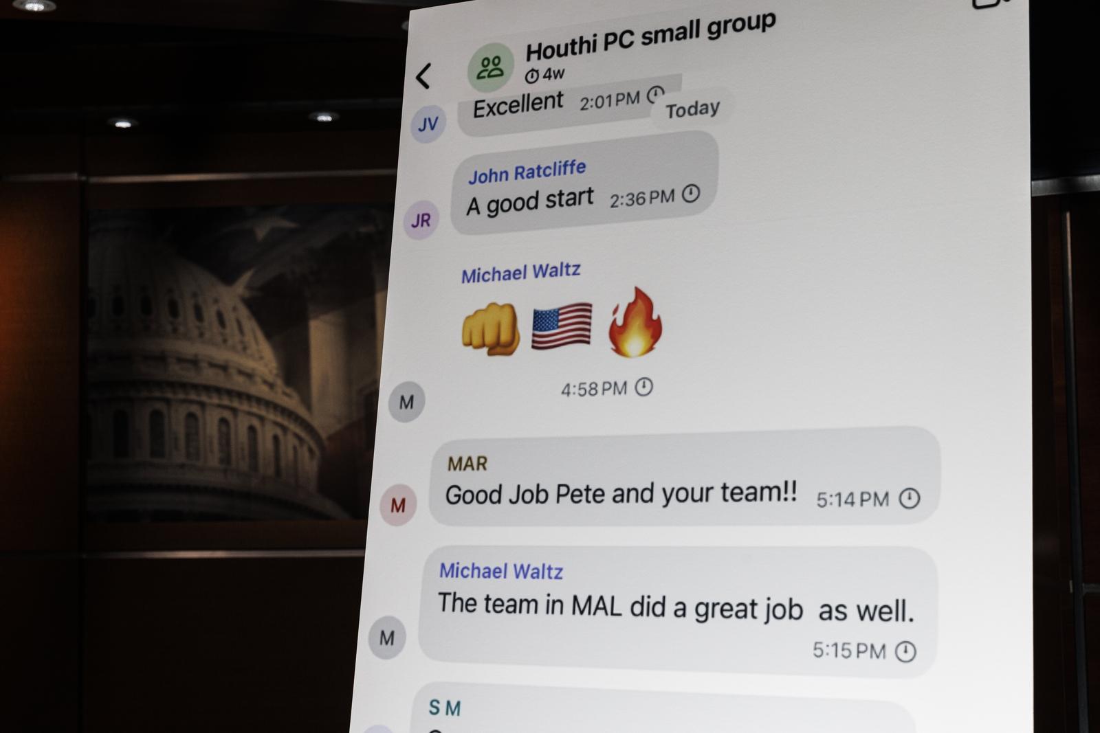 A poster of the Signal group chat of Trump Administration officials discussing an upcoming strike against Houthi positions is seen during a House Democratic press conference in the Capitol Building in Washington DC on Tuesday, March 25, 2025. Democrats are calling for investigations and resignations after a reporter was inadvertently added to a group chat with Trump Administration officials including the Vice President, CIA Director and Secretary of Defense. (Photo by Aaron Schwartz/Sipa USA) Photo: Sipa USA/SIPA USA