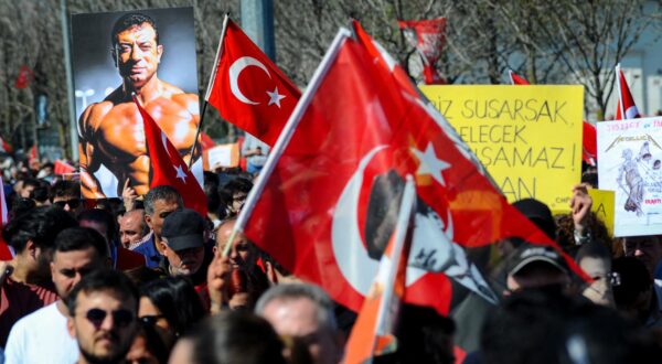People wave flags and chant slogans during a mass protest rally in support of the jailed Istanbul Mayor Ekrem Imamoglu on March 29, 2025 in Istanbul, Turkey. The Mayor of Istanbul Ekrem Imamoglu, a member of opposition Republican People's Party (CHP) and the main challenger in the next presidential election, was jailed on corruption charges, sparking the country's largest wave of demonstrations since the 2013 Gezi Park protests. Photo by Ugur Can/ABACAPRESS.COM Photo: Ugur Can/ABACA/ABACA