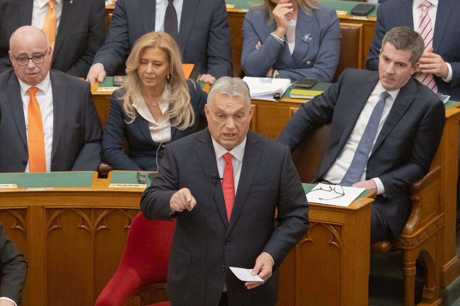 (250224) -- BUDAPEST, Feb. 24, 2025 (Xinhua) -- Hungarian Prime Minister Viktor Orban speaks at the Hungarian Parliament in Budapest, Hungary on Feb. 24, 2025. Orban outlined a series of measures designed to strengthen the nation's economic and political landscape in 2025. (Photo by Attila Volgyi/Xinhua) Photo: Attila Volgyi/XINHUA