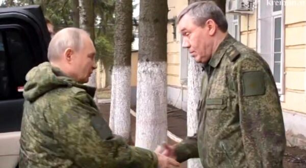 MARCH 12, 2025: Seen in this video screen grab are Russias President Vladimir Putin (L) and The Chief of the General Staff of the Armed Forces of Russia, Commander of Russia's Joint Forces in the zone of Russia's special military operation Valery Gerasimov shaking hands during President Putin's visit to a command post of the Russian Army Kursk Force. Video grab. Best possible quality. Kremlin Press Office/TASS/Sipa USA Photo: Tass/SIPA USA