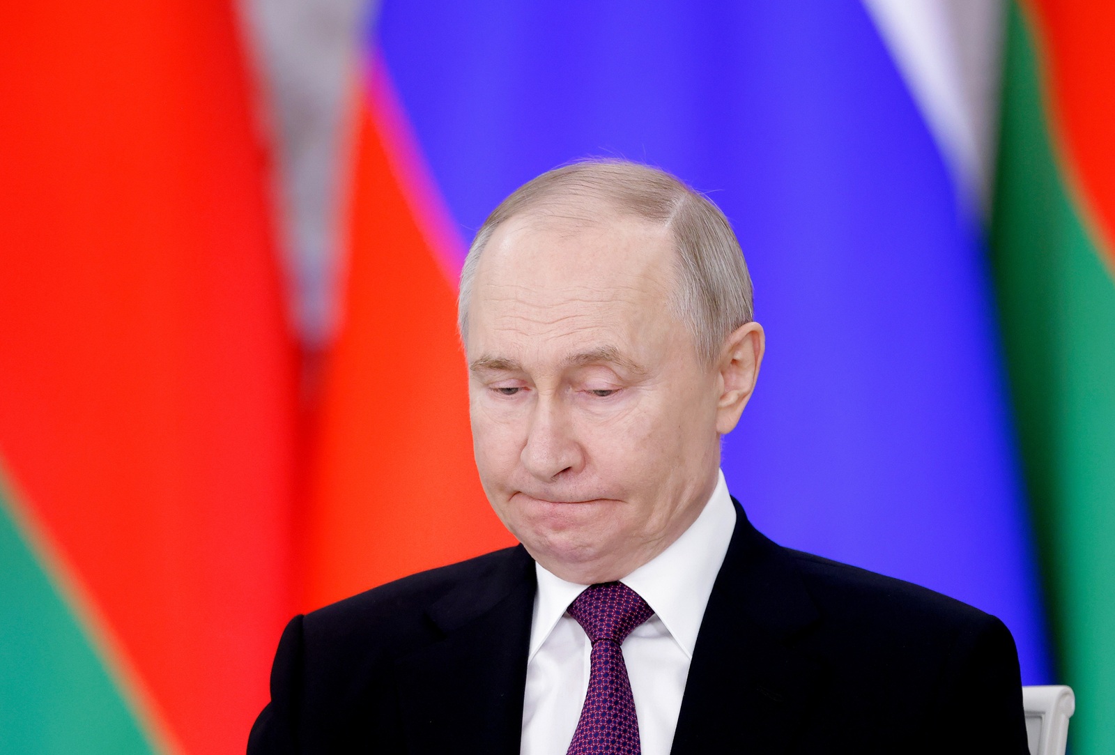 epa11961624 Russian President Vladimir Putin attends a press conference following a meeting with his Belarusian counterpart Alexander Lukashenko (not pictured) in Moscow, Russia, 13 March 2025. Lukashenko is on an official visit to Moscow.  EPA/MAXIM SHEMETOV/POOL