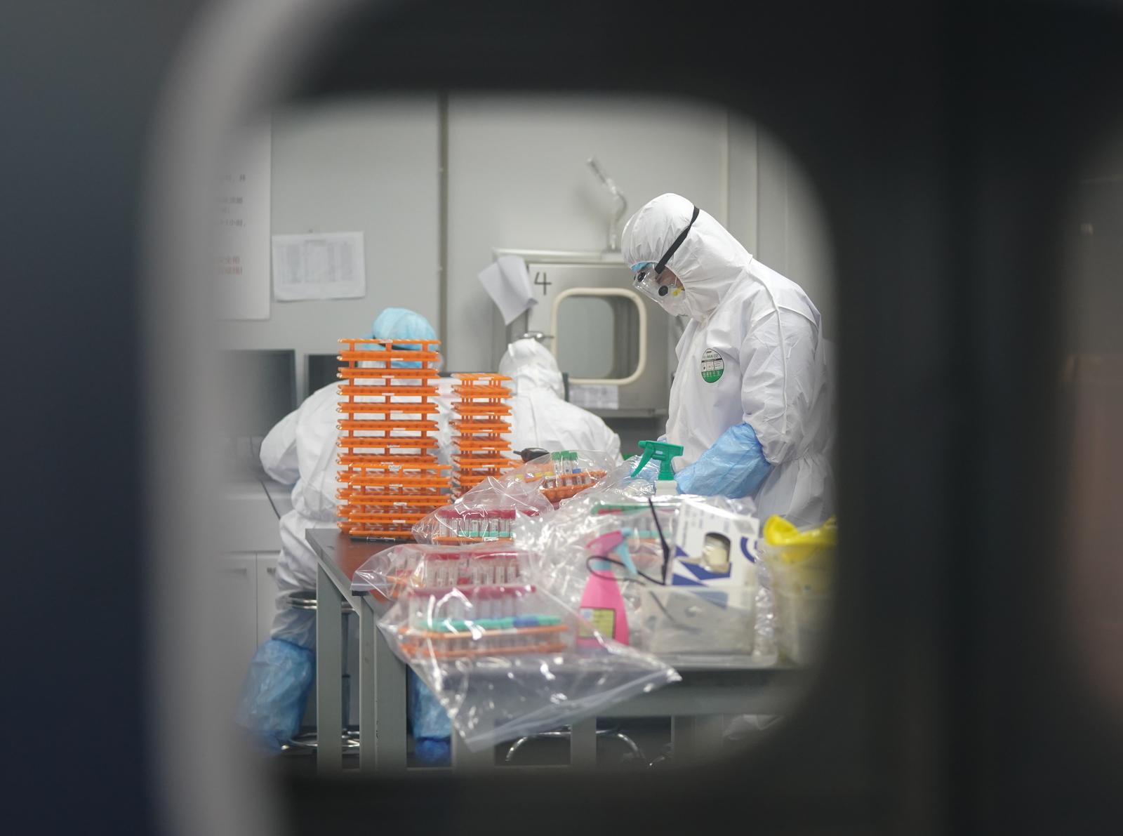 CHINA-HUBEI-WUHAN-CORONAVIRUS DETECTION LAB (CN) (200222) -- WUHAN, Feb. 22, 2020 (Xinhua) -- Staff members do nucleic acid testing work at a novel coronavirus detection lab in Wuhan, central China's Hubei Province, Feb. 22, 2020. Since its operation on Feb. 6, the novel coronavirus detection lab named "Huoyan", jointly constructed by the local government and other institutions, has tested tens of thousands of nucleic acid testing (NAT) samples. For days, including the "Huoyan" lab, Wuhan's 40 NAT institutions together, have been able to test 14,000 NAT samples per day, zeroing the number of daily NAT from all possible coronavirus patients. (Xinhua/Cheng Min) Cheng Min  Photo: XINHUA/PIXSELL
