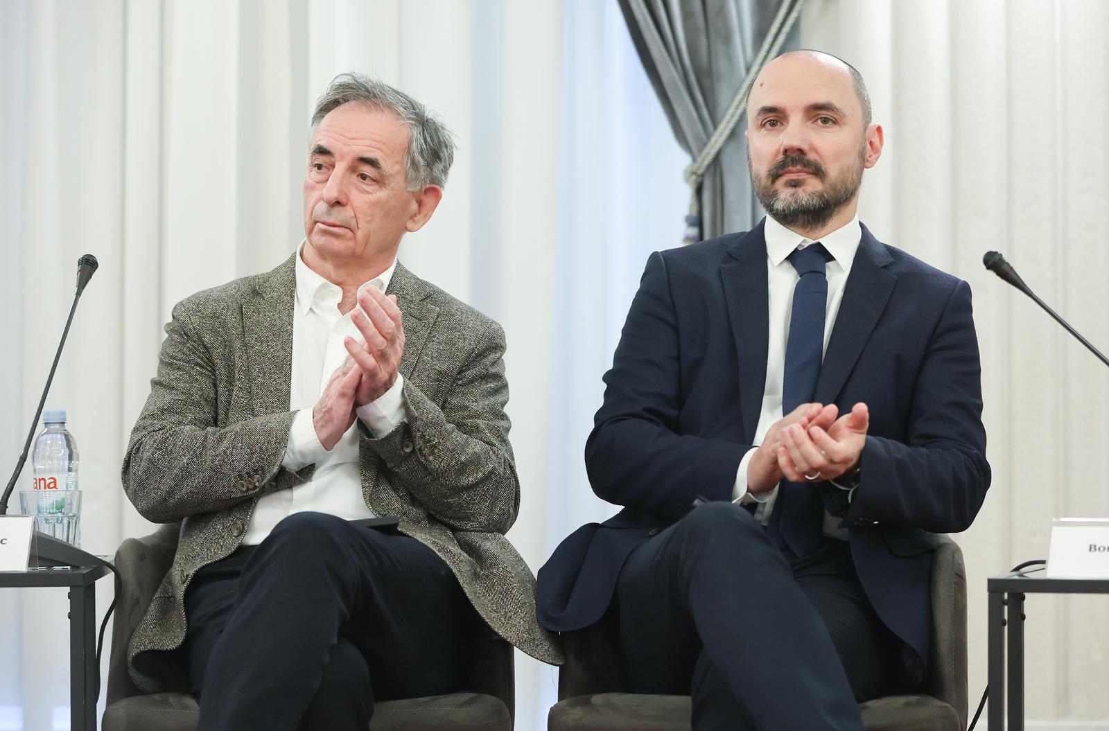 21.03.2025., Zagreb - U Hrvatskog novinarskom domu odrzana je konferencija o nacionalnim sustavima zastite hrvatske nacionalne manjine u Republici Srbiji i srpske nacionalne manjine u Republici Hrvatskoj. Milorad Pupovac i Boris Milosevic Photo: Sanjin Strukic/PIXSELL