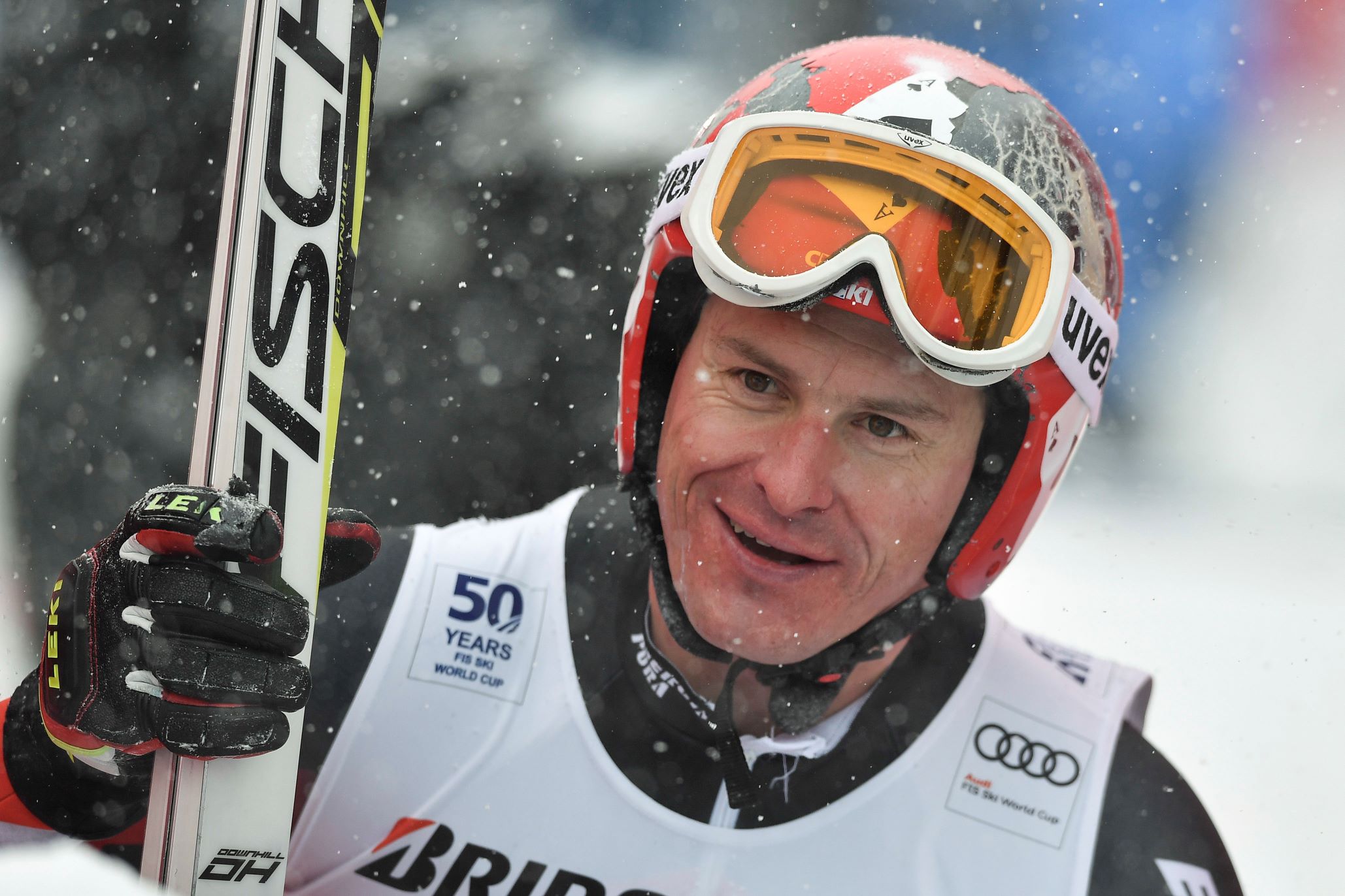 Ivica Kostelic of Croatia reacts in the finish area during the alpine ski men's World Cup combined race, in Wengen, Switzerland, Friday, Jan. 13, 2017. (Peter Schneider/Keystone via AP) Switzerland Alpine Skiing World Cup