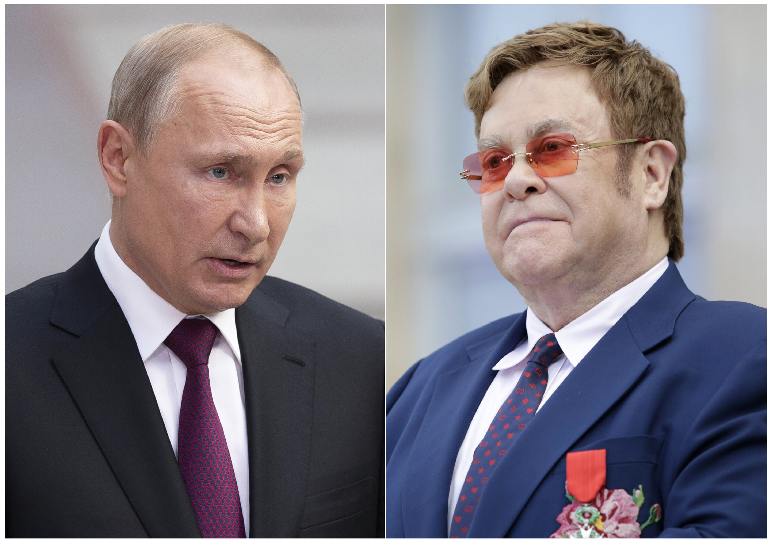 This combination photo shows Russian President Vladimir Putin in Moscow, Russia, on June 20, 2019, left, and singer Elton John at a ceremony presenting him with the Legion of Honor at the presidential Elysee Palace in Paris. John is calling out Putin for saying that liberalism is "obsolete" and conflicts with the "overwhelming majority" in many countries. Putin made the comments in a story published by the Financial Times newspaper. (AP Photo/Alexander Zemlianichenko, left, Lewis Joly, Pool)