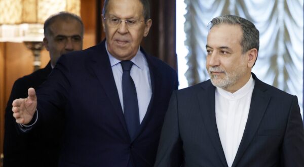 epa12038489 Russian Foreign Minister Sergei Lavrov (L) and his Iranian counterpart Abbas Araghchi enter a hall during a meeting in Moscow, Russia, 18 April 2025. Araghchi is on a two-day working visit to Moscow.  EPA/TATYANA MAKEYEVA / POOL