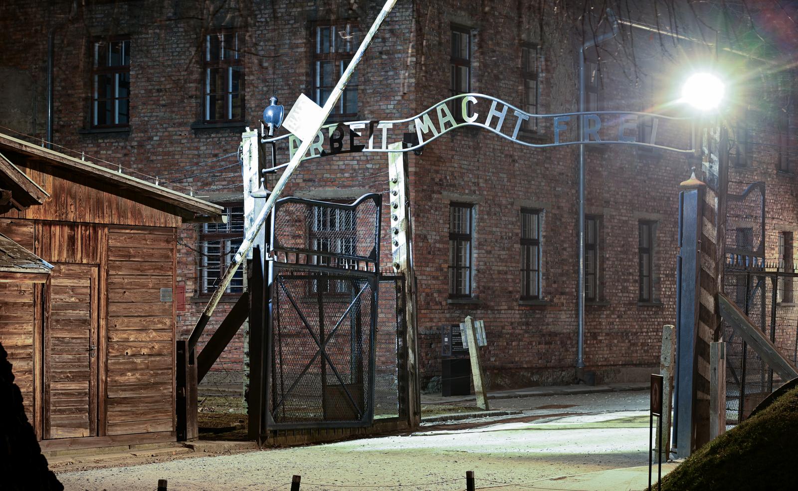 The Main Gate stands at the Former Nazi German Concentration Camp of Auschwitz near Oswiecim, Poland on Thursday, March 27, 2025. On top of the gate is the saying "Arbeit Macht Frie" or "Work Sets You Free". The Camp is honoring its 80th year since being liberated by the Soviet Red Army in 1945. In total, approximately 1.1 million Jews, Poles, Roma as well as other ethnicities were exterminated at the Camp. The grounds are now managed as the Auschwitz Memorial and Museum Foundation. Photo by Joe Marino/UPI. Photo via Newscom Photo: Joe Marino/NEWSCOM