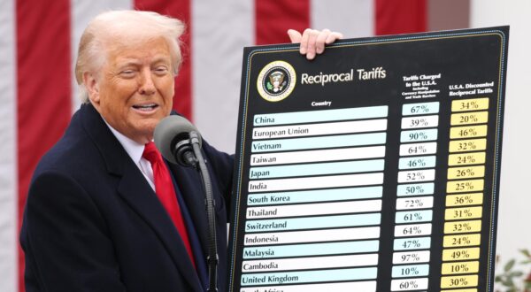 President Donald Trump displays a chart with reciprocal tariffs during a 'Liberation Day' event in the Rose Garden at the White House on April 2, 2025 in Washington, D.C. Todays tariffs are just the most recent moves that President Trump has taken in this new trade war since returning to the White House less that three months ago. (Photo by Samuel Corum/Sipa USA) Photo: Sipa USA/SIPA USA