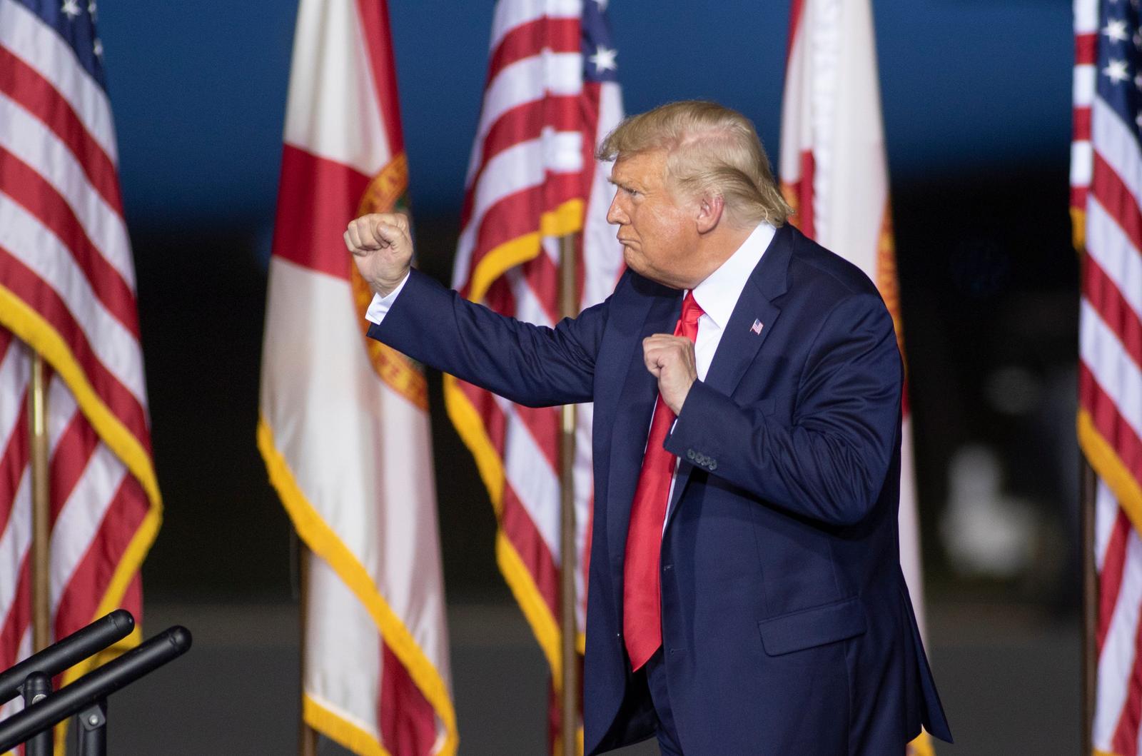 President Donald Trump dances at the conclusion of his Make America Great Again rally at ST Engineering in Pensacola, Florida, on Friday, Oct. 23, 2020. (Photo by Gregg Pachkowski/Pensacola News Journal / USA TODAY NETWORK via Imagn Images/Sipa USA) Photo: USA TODAY/SIPA USA