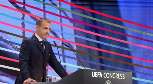 epa12007025 UEFA President Aleksander Ceferin delivers a speech during the 49th UEFA Ordinary Congress in Belgrade, Serbia, 03 April 2025.  EPA/ANDREJ CUKIC