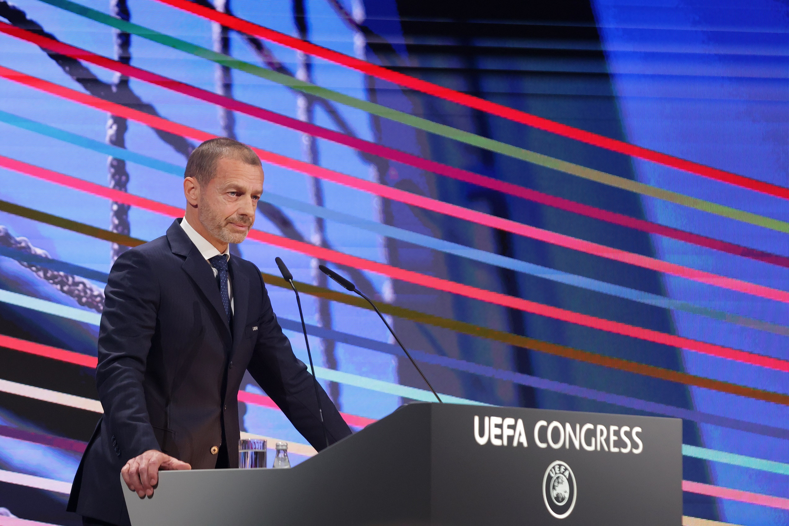 epa12007025 UEFA President Aleksander Ceferin delivers a speech during the 49th UEFA Ordinary Congress in Belgrade, Serbia, 03 April 2025.  EPA/ANDREJ CUKIC