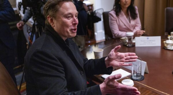 epa12023381 Elon Musk (L), CEO of Tesla and senior advisor to US President Donald Trump, delivers remarks during a Cabinet meeting in the Cabinet Room of the White House in Washington, DC, USA, 10 April 2025.  EPA/SHAWN THEW / POOL