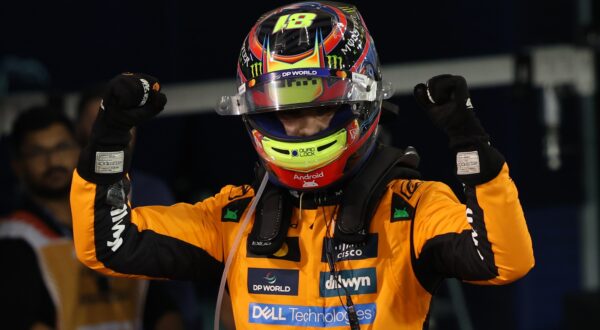 epa12030229 McLaren driver Oscar Piastri of Australia reacts after winning the Formula One Bahrain Grand Prix in Sakhir, Bahrain, 13 April 2025.  EPA/ALI HAIDER