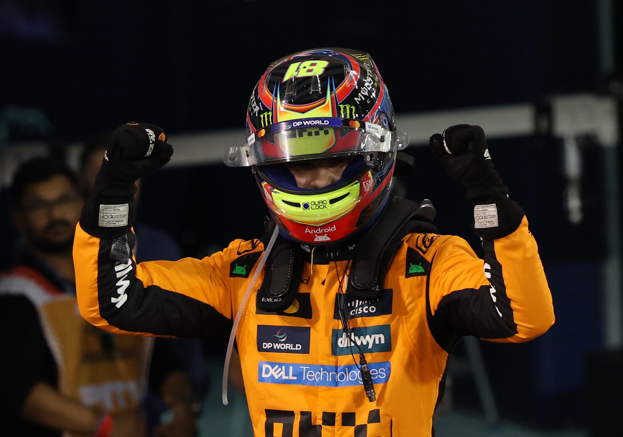 epa12030229 McLaren driver Oscar Piastri of Australia reacts after winning the Formula One Bahrain Grand Prix in Sakhir, Bahrain, 13 April 2025.  EPA/ALI HAIDER