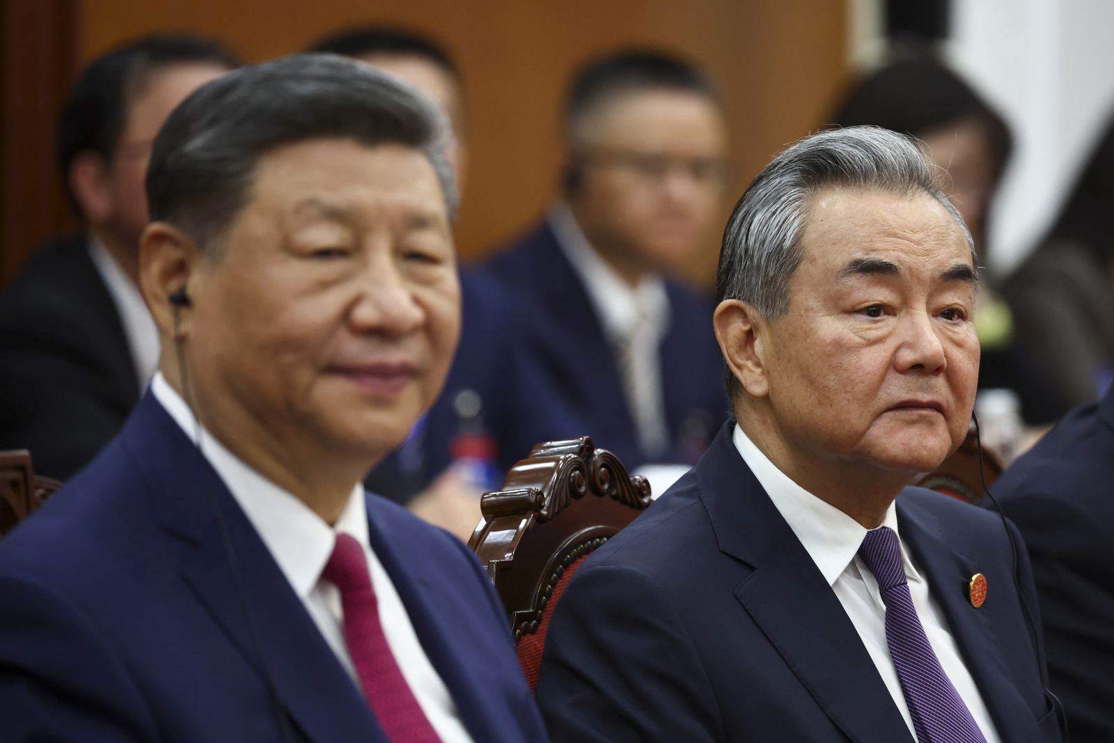 epa12031625 Chinese President Xi Jinping (L) and Foreign Minister Wang Yi attend a meeting with Vietnam's National Assembly Chairman Tran Thanh Man (not pictured) during his visit in Hanoi, Vietnam, 14 April 2025. The Chinese president is on a state visit to Vietnam from 14 to 15 April 2025.  EPA/Athit Perawongmetha / POOL