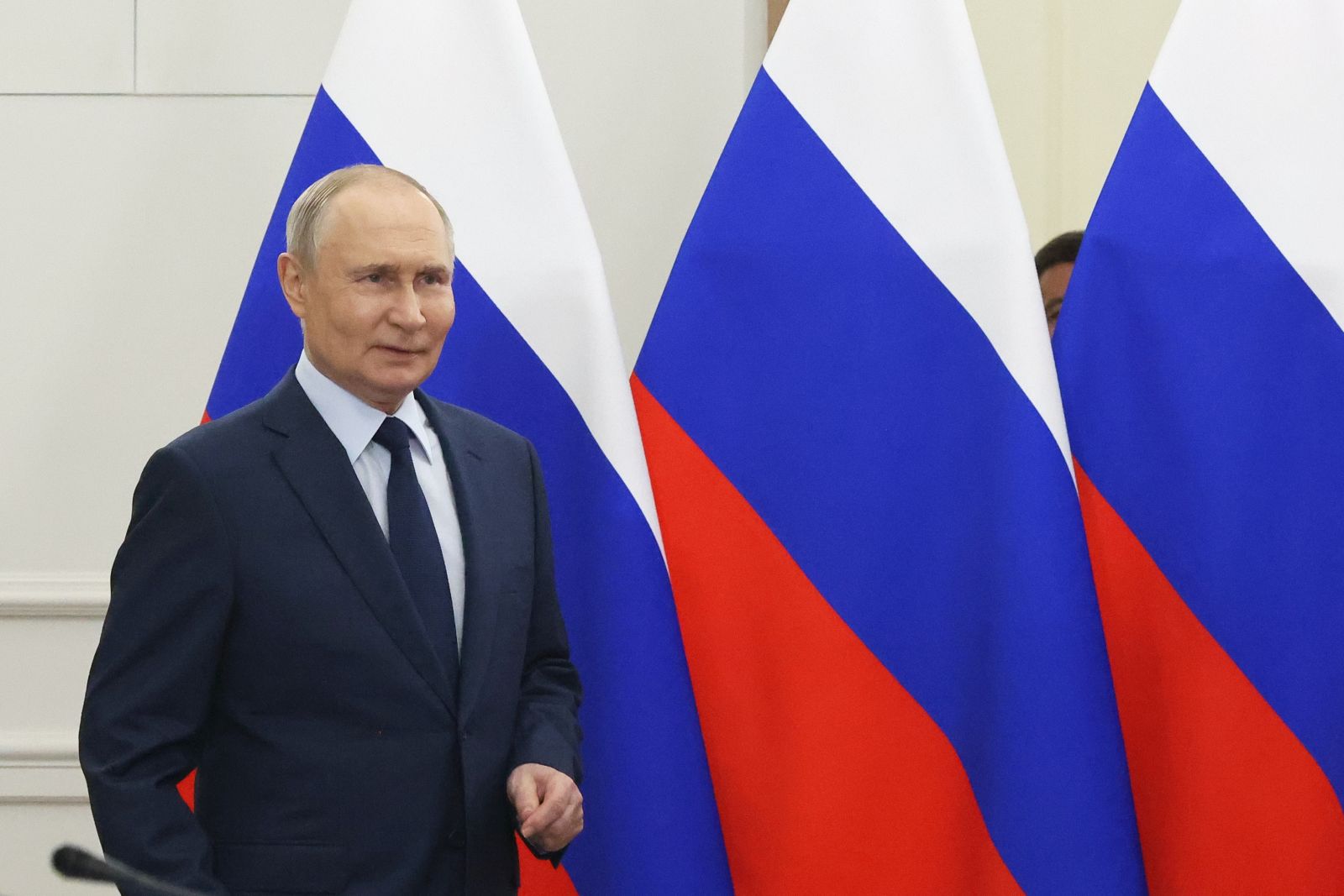 epa12035574 Russian President Vladimir Putin arrives for a meeting on development strategy for cosmonautics at the Bauman Moscow State Technical University in Moscow, Russia, 16 April 2025.  EPA/SERGEI KARPUKHIN / SPUTNIK / KREMLIN POOL MANDATORY CREDIT