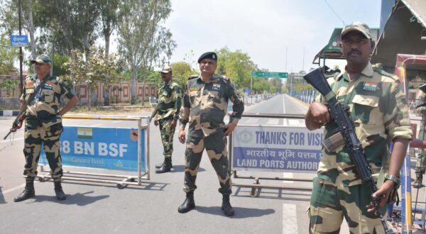 AMRITSAR, INDIA - APRIL 24: Border Security Force (BSF) personnel stand guard at Attari Integrated Check Post (ICP) after Indian government shut Attari-Wagah border in response to Pahalgam terror attack on April 24, 2025 in Amritsar, India. India has closed the Attari Wagah border for travellers as part of diplomatic actions against Pakistan following the Pahalgam terrorist attack. No fresh travellers are allowed from either side, though those with existing visas have until May 1st to cross over. The closure affects the only road crossing between India and Pakistan, impacting travel and potentially the daily retreat ceremony. (Photo by Sameer Sehgal/Hindustan Times) Photo via Newscom Photo: HINDUSTAN TIMES/NEWSCOM