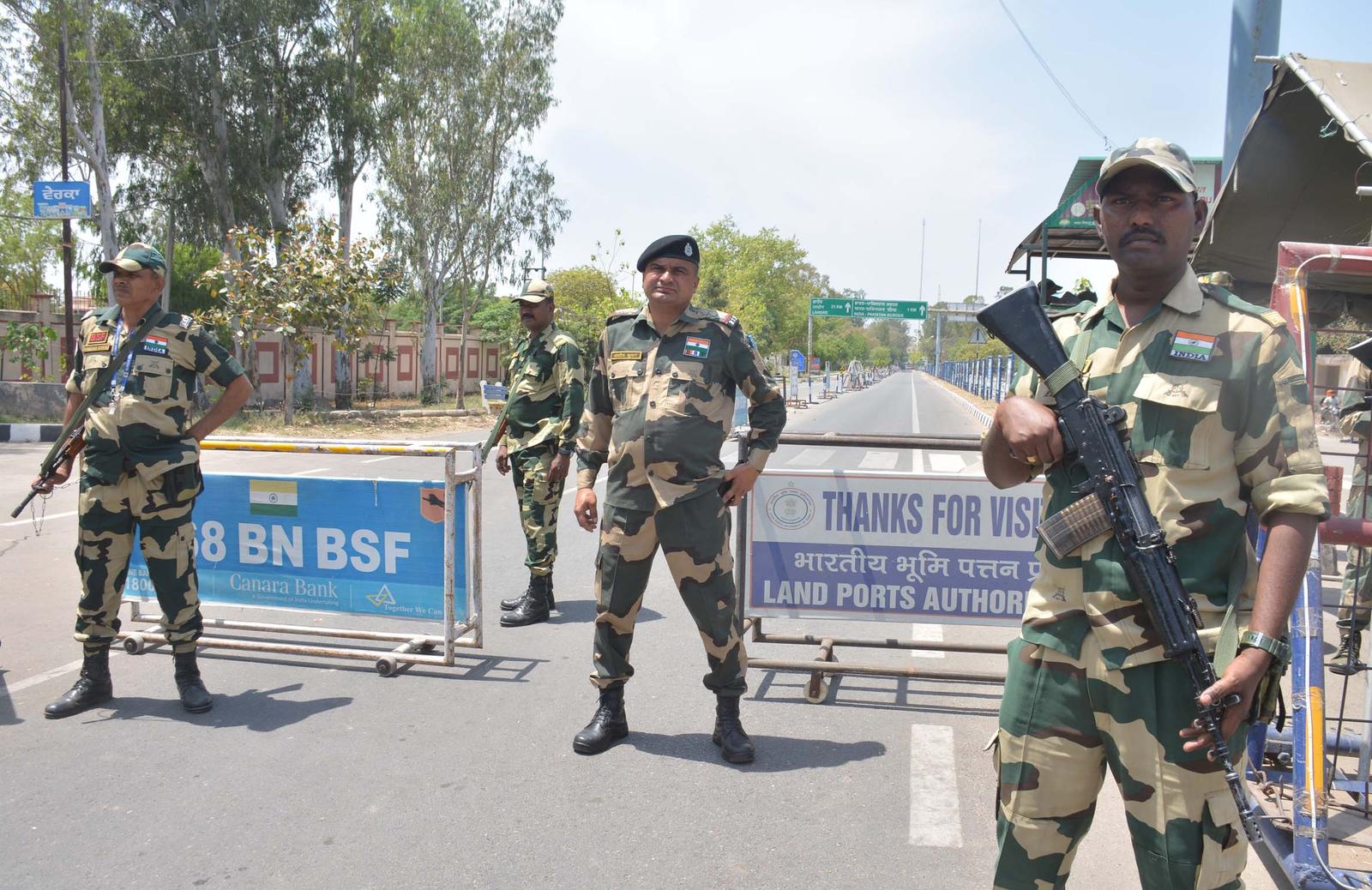 AMRITSAR, INDIA - APRIL 24: Border Security Force (BSF) personnel stand guard at Attari Integrated Check Post (ICP) after Indian government shut Attari-Wagah border in response to Pahalgam terror attack on April 24, 2025 in Amritsar, India. India has closed the Attari Wagah border for travellers as part of diplomatic actions against Pakistan following the Pahalgam terrorist attack. No fresh travellers are allowed from either side, though those with existing visas have until May 1st to cross over. The closure affects the only road crossing between India and Pakistan, impacting travel and potentially the daily retreat ceremony. (Photo by Sameer Sehgal/Hindustan Times) Photo via Newscom Photo: HINDUSTAN TIMES/NEWSCOM