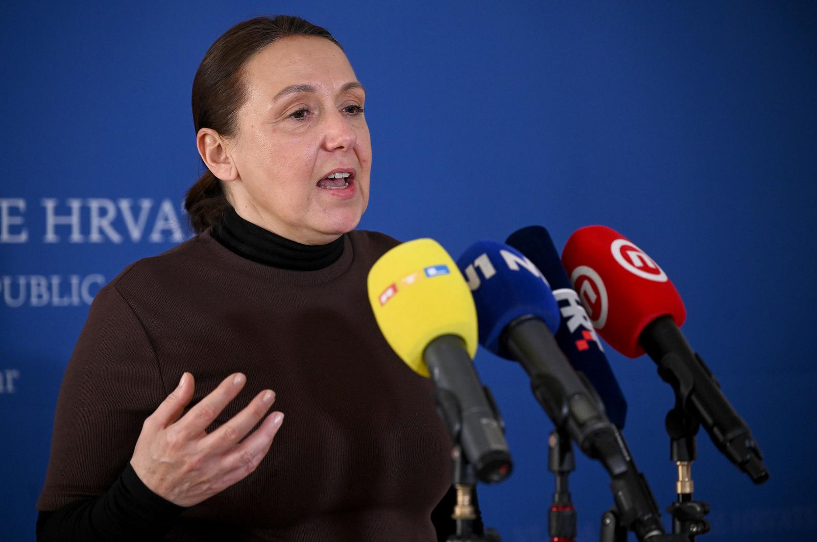 18.03.2025., Zagreb - Ministrica zdravstva Irena Hrstic na konferenciji za medije u Banskim dvorima nakon sastanka parlamentarne vecine. Photo: Marko Lukunic/PIXSELL