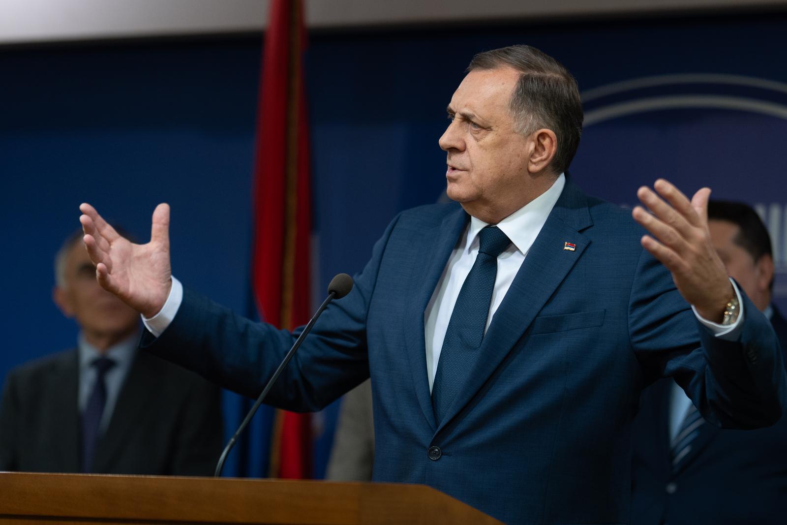 25.04.2025., Narodna skupstina RS, Banja Luka (BiH) - Predsjednik RS Milorad Dodik odrzao konferenciju za medije nakon 21. konferencije srpskih nacionalnih organizacija iz regiona. 
 Photo: Dejan Rakita/PIXSELL