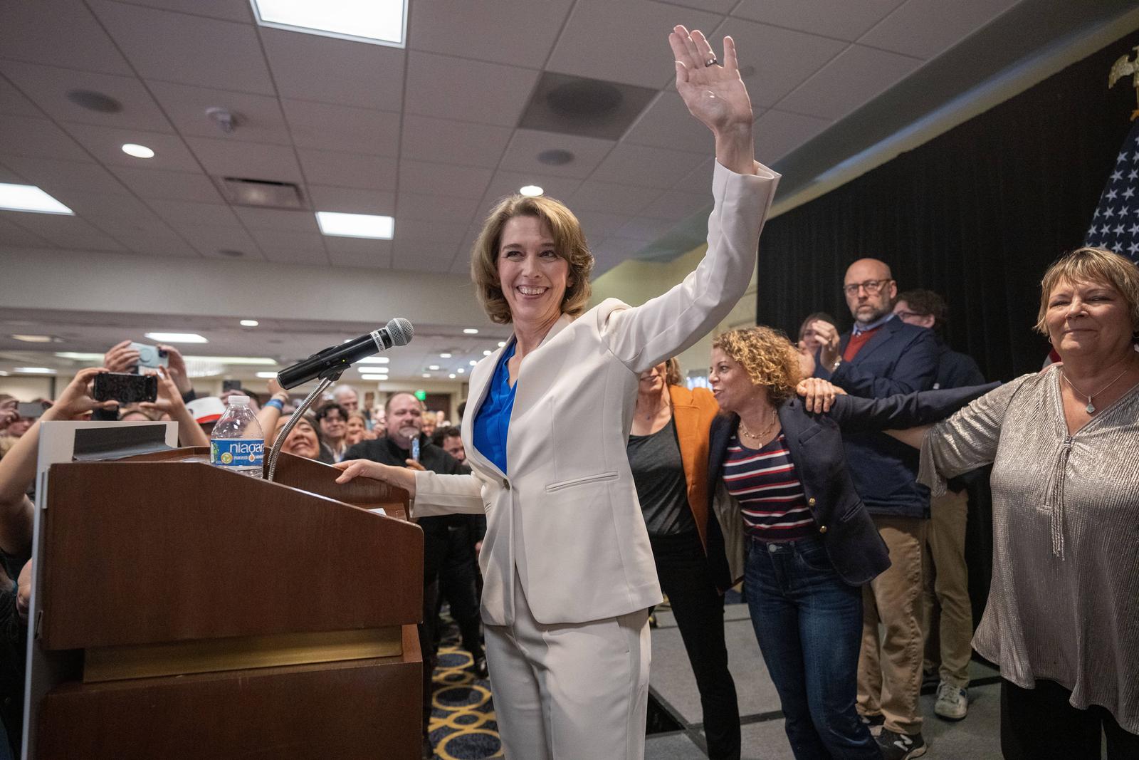 April 1, 2025; Madison, WI, USA; Wisconsin Supreme Court candidate Susan Crawford speaks at her election night watch party at the Best Western Premier Park Hotel. Crawford defeated Brad Schimel in a race that drew national attention. Mandatory Credit: Mark Hoffman-Milwaukee Journal Sentinel/USA Today Network via Imagn Images/Sipa USA  Photo: USA TODAY/SIPA USA