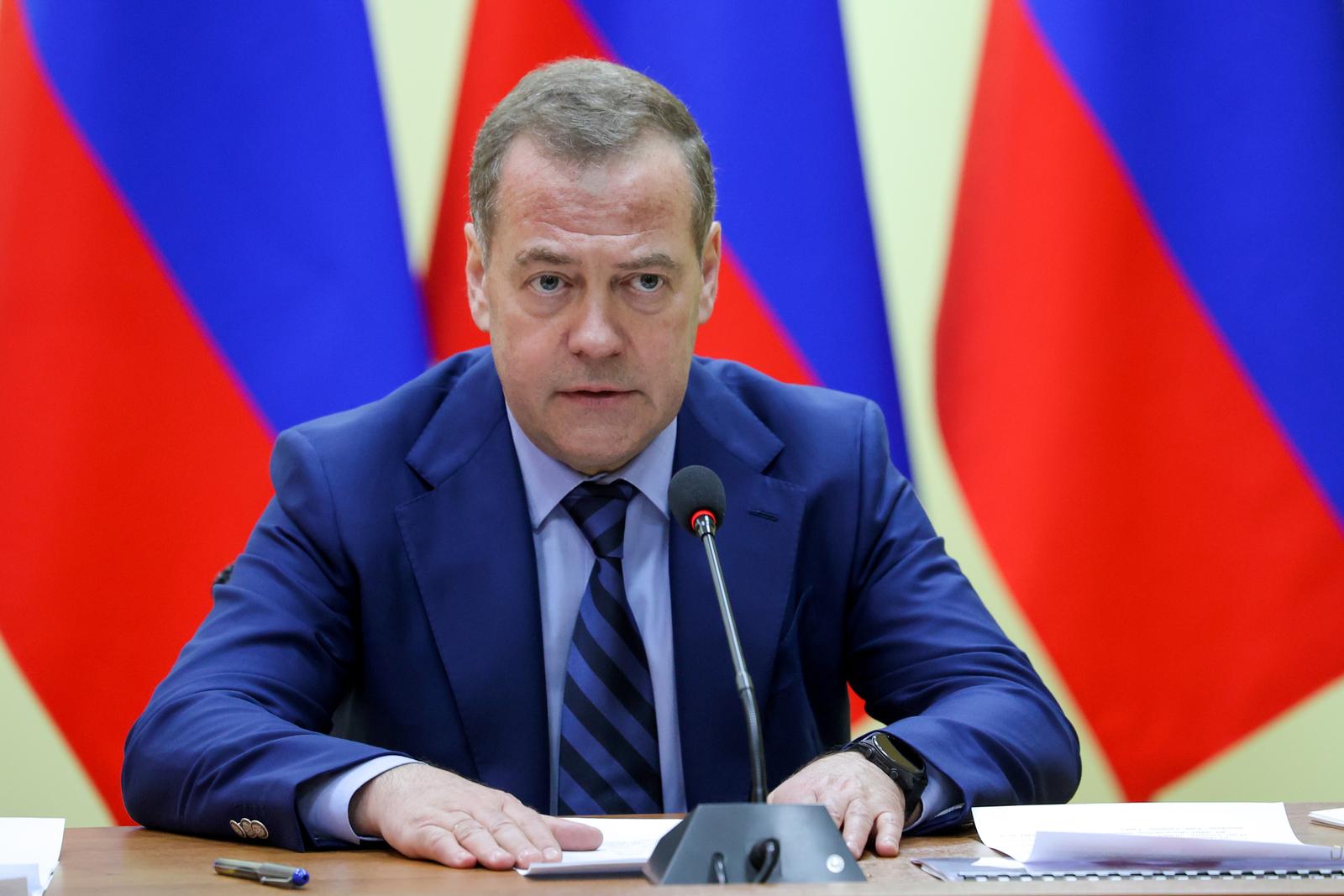 RUSSIA, KRASNODAR REGION - APRIL 17, 2025: Russian Security Council Deputy Chairman Dmitry Medvedev holds a meeting as part of a visit to the 81st Armoured Vehicle Repair Plant in Armavir.  Yekaterina Shtukina/POOL/TASS/Sipa USA Photo: Tass/SIPA USA