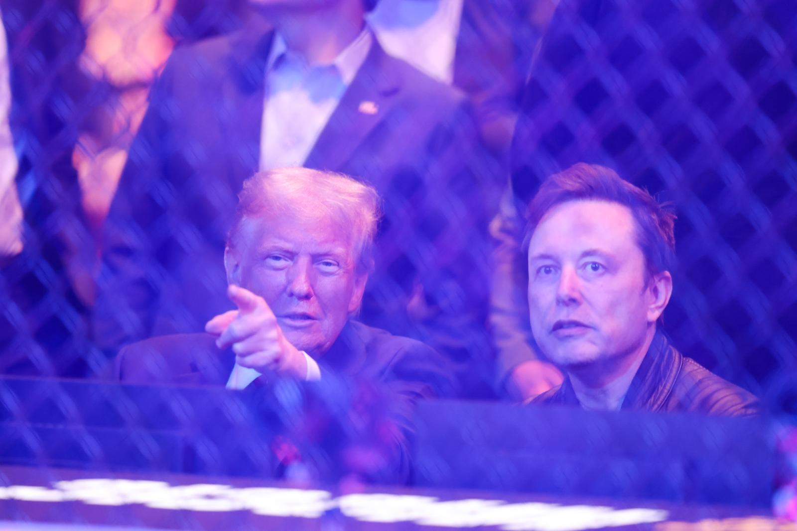 Nov 16, 2024; New York, NY, USA; President-elect Donald Trump talks with Elon Musk (right) during UFC 309 at Madison Square Garden. Mandatory Credit: Brad Penner-Imagn Images/Sipa USA Photo: Imagn Images/SIPA USA