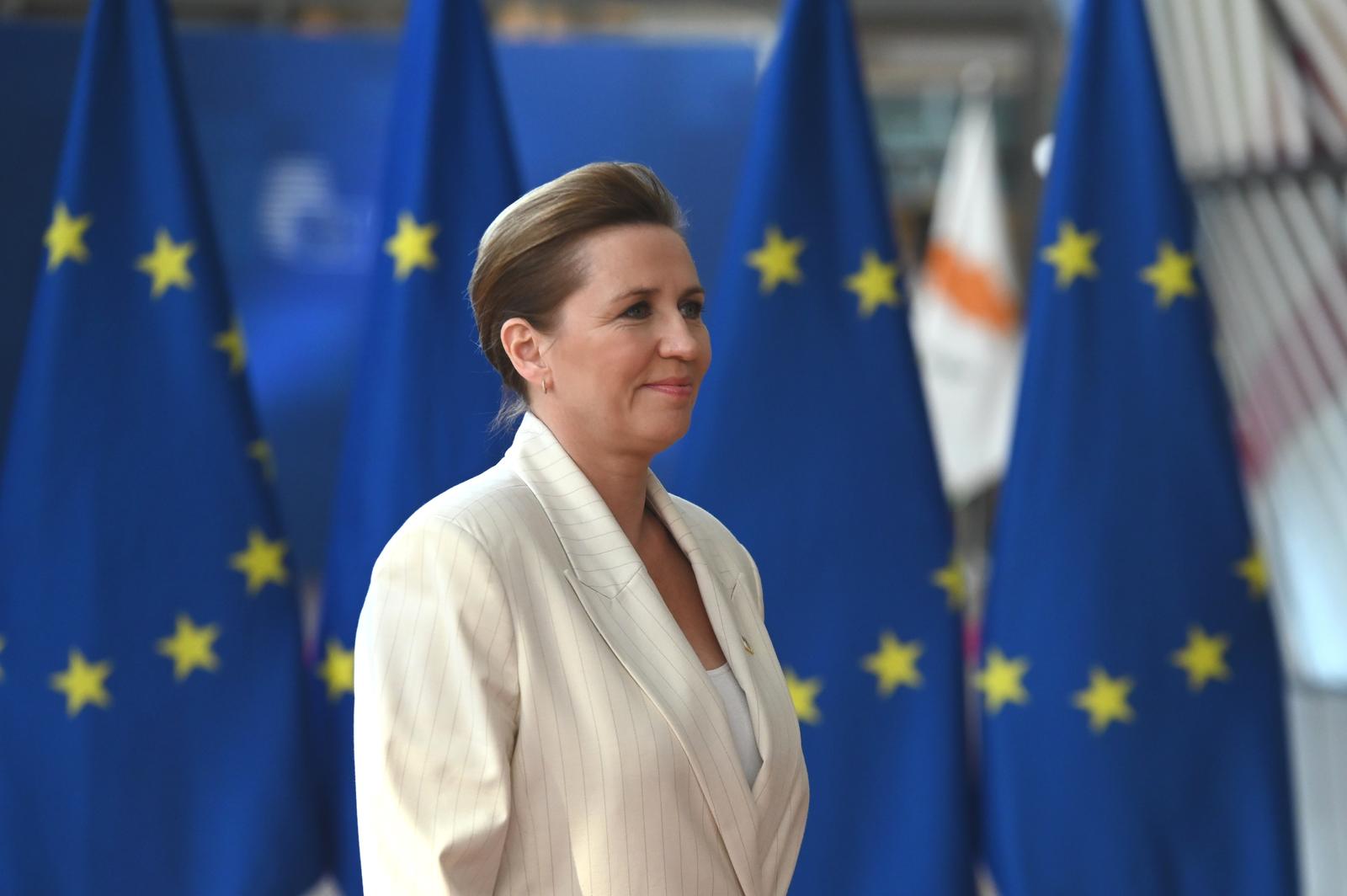 Mette Frederiksen PM Denmark arriving to Consilium building in Brussels, Belgium on March 20, 2025. EU leaders are meeting in Brussels to discuss Ukraine and the next steps on defence. The next multiannual financial framework, budget, migration, the latest developments in the Middle East on the agenda.  (Photo by Aleksy Witwicki/Sipa USA) Photo: Aleksy Witwicki/SIPA USA