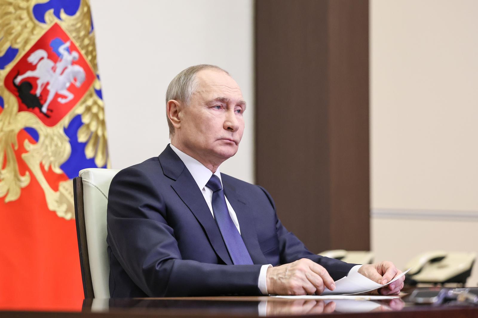 RUSSIA, MOSCOW - APRIL 26, 2025: Russia's President Vladimir Putin is seen in his office in the Kremlin during a report by the Chief of the General Staff of the Armed Forces of Russia Valery Gerasimov about the completion of a military operation to liberate the Kursk Region. Alexander Kazakov/Russian Presidential Press and Information Office/TASS/Sipa USA Photo: Tass/SIPA USA
