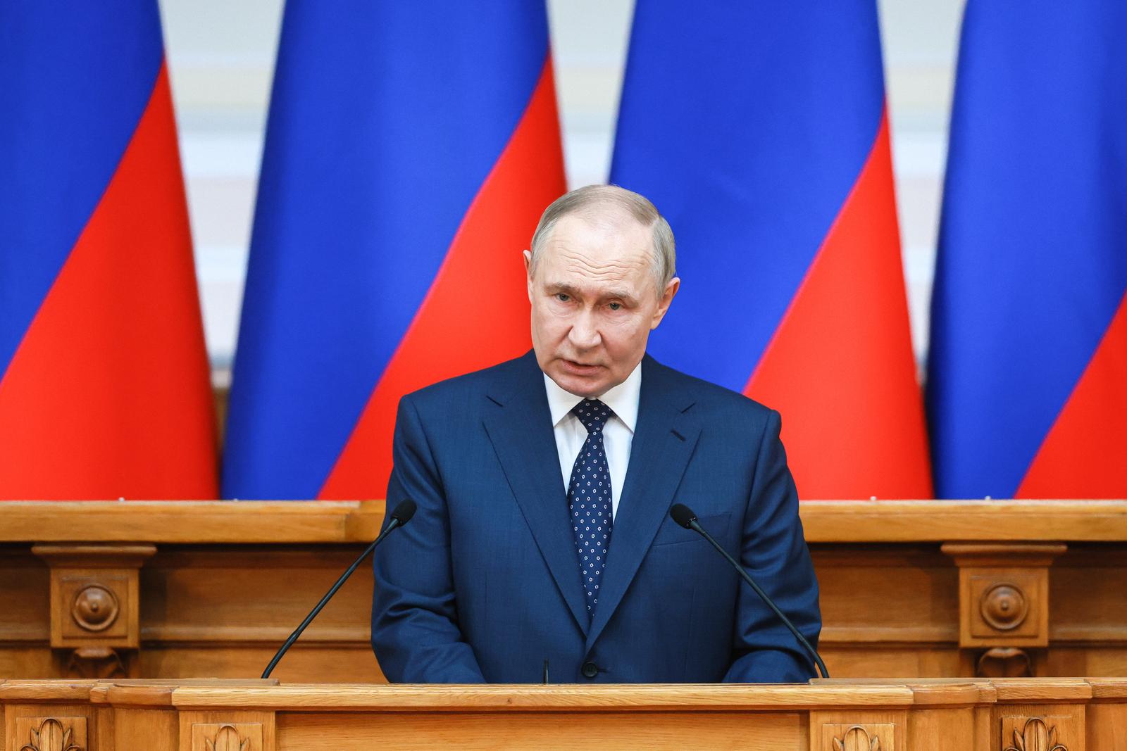 RUSSIA, ST PETERSBURG - APRIL 28, 2025: Russia's President Vladimir Putin speaks at a meeting of the Council of Legislators of Russia under the Federal Assembly of Russia, at Tauride Palace. Vladimir Smirnov/TASS/Sipa USA Photo: Tass/SIPA USA
