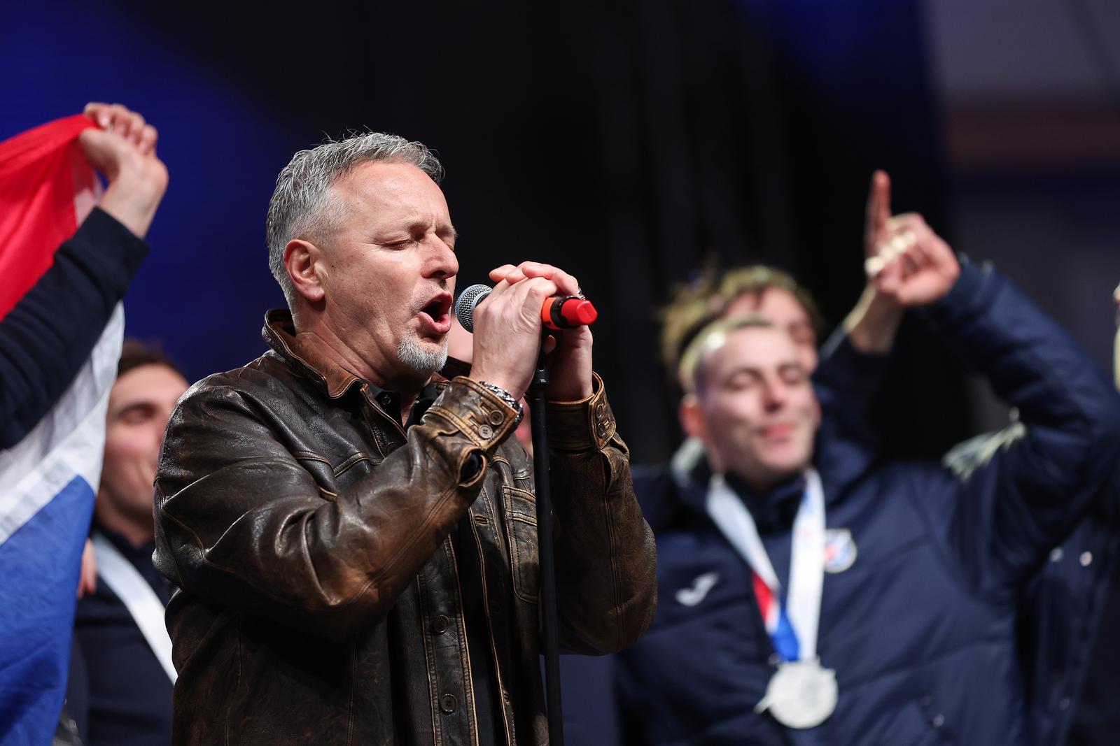 03.02.2025., Zagreb - Svecani docek hrvatske rukometne reprezentacije u Zagrebu nakon osvojenog drugog mjesta na Svjetkom prvenstvu.
Marko Perkovic Thompson. Photo: Matija Habljak/PIXSELL