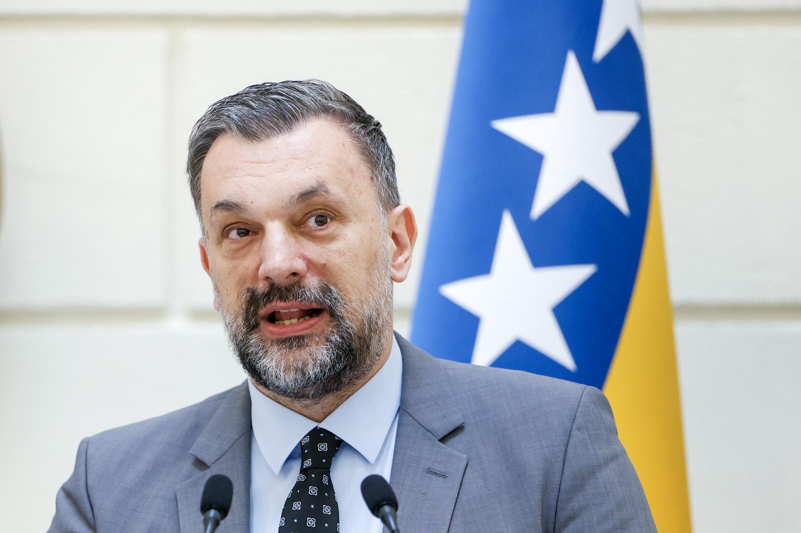 04.04.2025., Sarajevo, Bosna i Hercegovina - Ministar vanjskih poslova Bosne i Hercegovine Elmedin Konakovic sastao se sa ministricom za europske i medjunarodne poslove Republike Austrije Beate Meinl-Reisinger, nakon cega su odrzali konferenciju za medije. Photo: Armin Durgut/PIXSELL