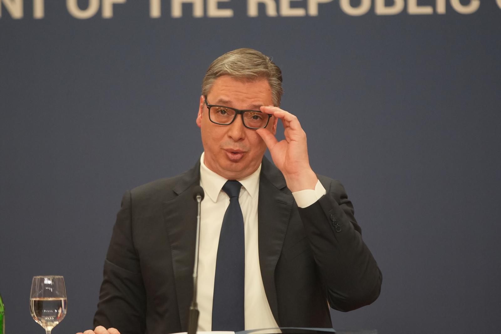 06, April, 2025, Belgrade - The President of the Republic of Serbia Aleksandar Vucic addressed the public on the occasion of the election of the prime minister at the Palace of Serbia. Aleksandar Vucic. Photo: Antonio Ahel/ATAImages

06, april, 2025, Beograd - Predsednik Republike Srbije Aleksandar Vucic obratio se javnosti povodom izbora mandatara u Palati Srbija. Aleksandar Vucic. Photo: Antonio Ahel/ATAImages Photo: Antonio Ahel/PIXSELL