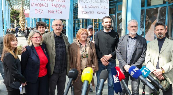 10.04.2025., Zagrebacki velesajam, Zagreb - Zrinko Turalija, Nezavisni sindikat zaposlenih u srednjim skolama Hrvatske, Matija Kroflin, Nezavisni sindikat znanosti i visokog obrazovanja i Zeljko Stipic, Skolski sindikat Preporod odrzali su konferenciju za medije s temom 5 do 12 za modularnu nastavu! Na konferenciji jos su govorili i: Mirela Matijevic Erceg, Ivica Inkret, Srebrenka Frajman Kovacic i Snjezana Vuk. Zrinko Turalija, Zeljko Stipic, Matija Kroflin, Mirela Matijevic Erceg, Ivica Inkret, Srebrenka Frajman Kovacic, Snjezana Vuk. Photo: Goran Stanzl/PIXSELL