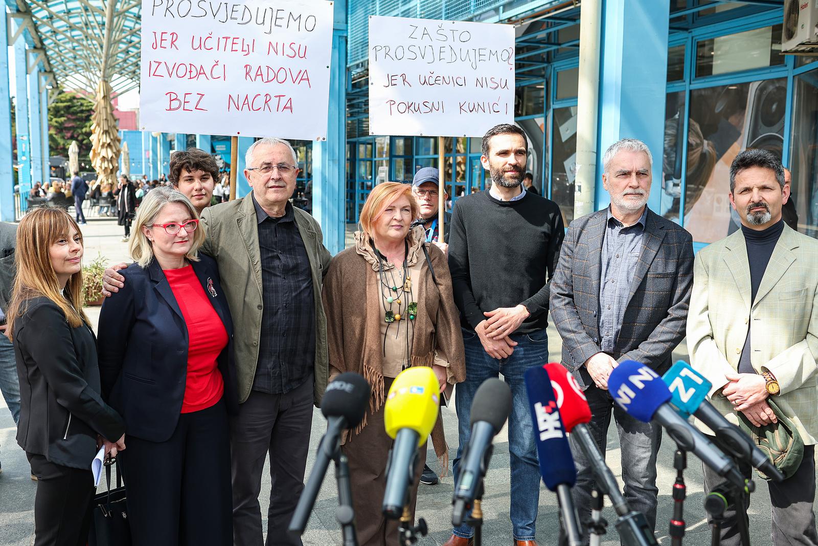 10.04.2025., Zagrebacki velesajam, Zagreb - Zrinko Turalija, Nezavisni sindikat zaposlenih u srednjim skolama Hrvatske, Matija Kroflin, Nezavisni sindikat znanosti i visokog obrazovanja i Zeljko Stipic, Skolski sindikat Preporod odrzali su konferenciju za medije s temom 5 do 12 za modularnu nastavu! Na konferenciji jos su govorili i: Mirela Matijevic Erceg, Ivica Inkret, Srebrenka Frajman Kovacic i Snjezana Vuk. Zrinko Turalija, Zeljko Stipic, Matija Kroflin, Mirela Matijevic Erceg, Ivica Inkret, Srebrenka Frajman Kovacic, Snjezana Vuk. Photo: Goran Stanzl/PIXSELL