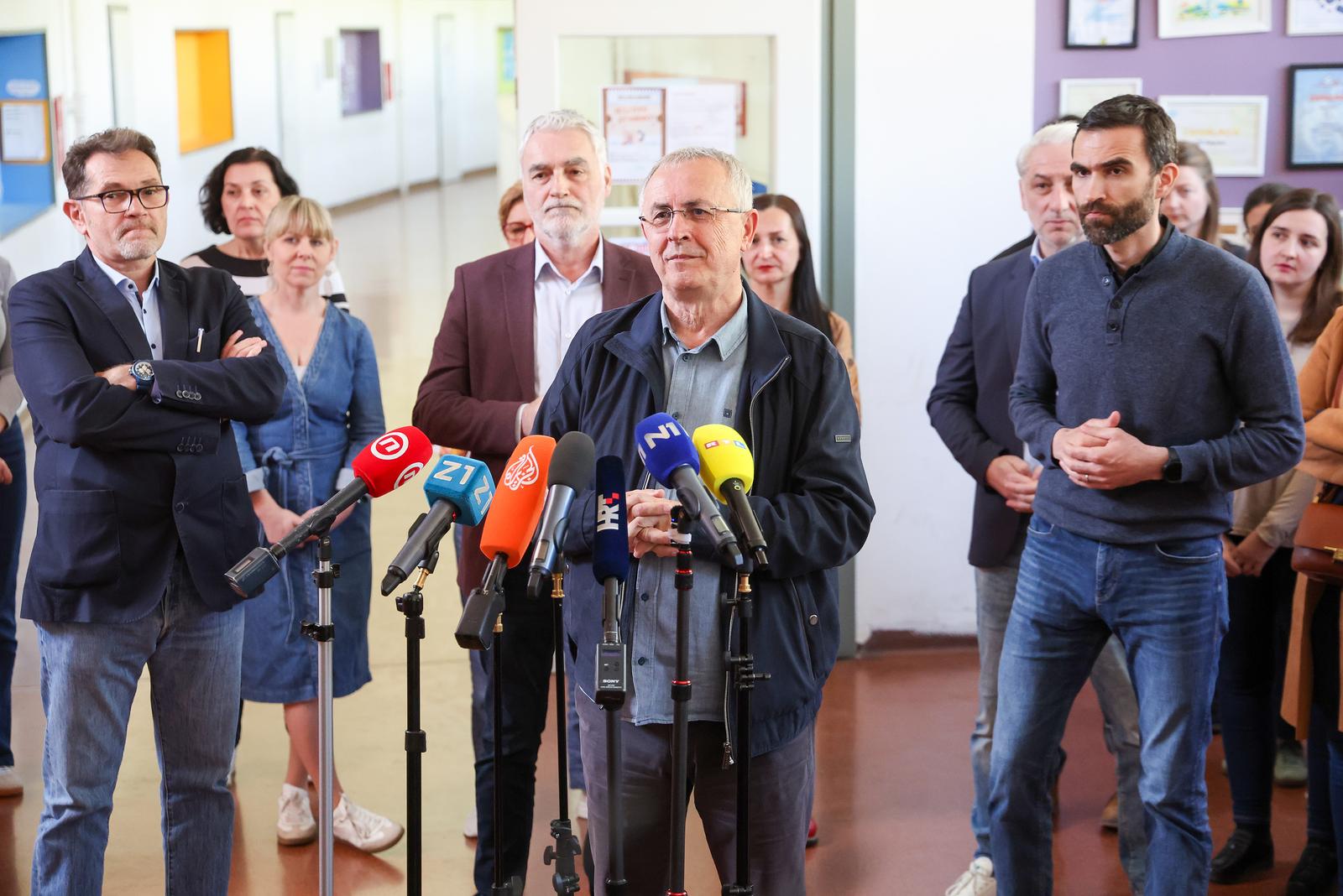 11.04.2025., Zagreb - OS Rapska, Nezavisni sindikat zaposlenih u srednjim skolama Hrvatske, Nezavisni sindikat znanosti i visokog obrazovanja i Skolski sindikat Preporod odrzali su strajk u brojnim osnovnim i srednjim skolama, na fakultetima i institutima. Okupljenim medijima obratili su se Zeljko Stipic, Matija Kroflin i Zrinko Turalija. Photo: Sanjin Strukic/PIXSELL