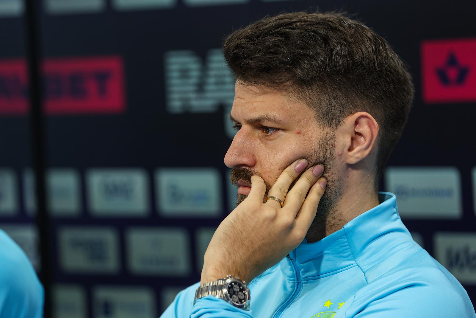 11.04.2025., stadion Maksimir, Zagreb - Konferencija za medije GNK Dinamo uoci utakmice 29. kola, GNK Dinamo - NK Osijek i nakon nedavnog otkaza treneru Fabiu Cannavaru. Trener GNK Dinamo Sandro Perkovic, predsjednik Uprave Zvonimir Manenica, Marko Bosnir, Arijan Ademi i Bruno Petkovic. Clanovi Uprave Darko Podnar, Dubravko Skender, Velimir Zajec, Hrvoje Puhalo dosli su dati podrsku treneru, igracima i predsjedniku Uprave. Photo: Goran Stanzl/PIXSELL