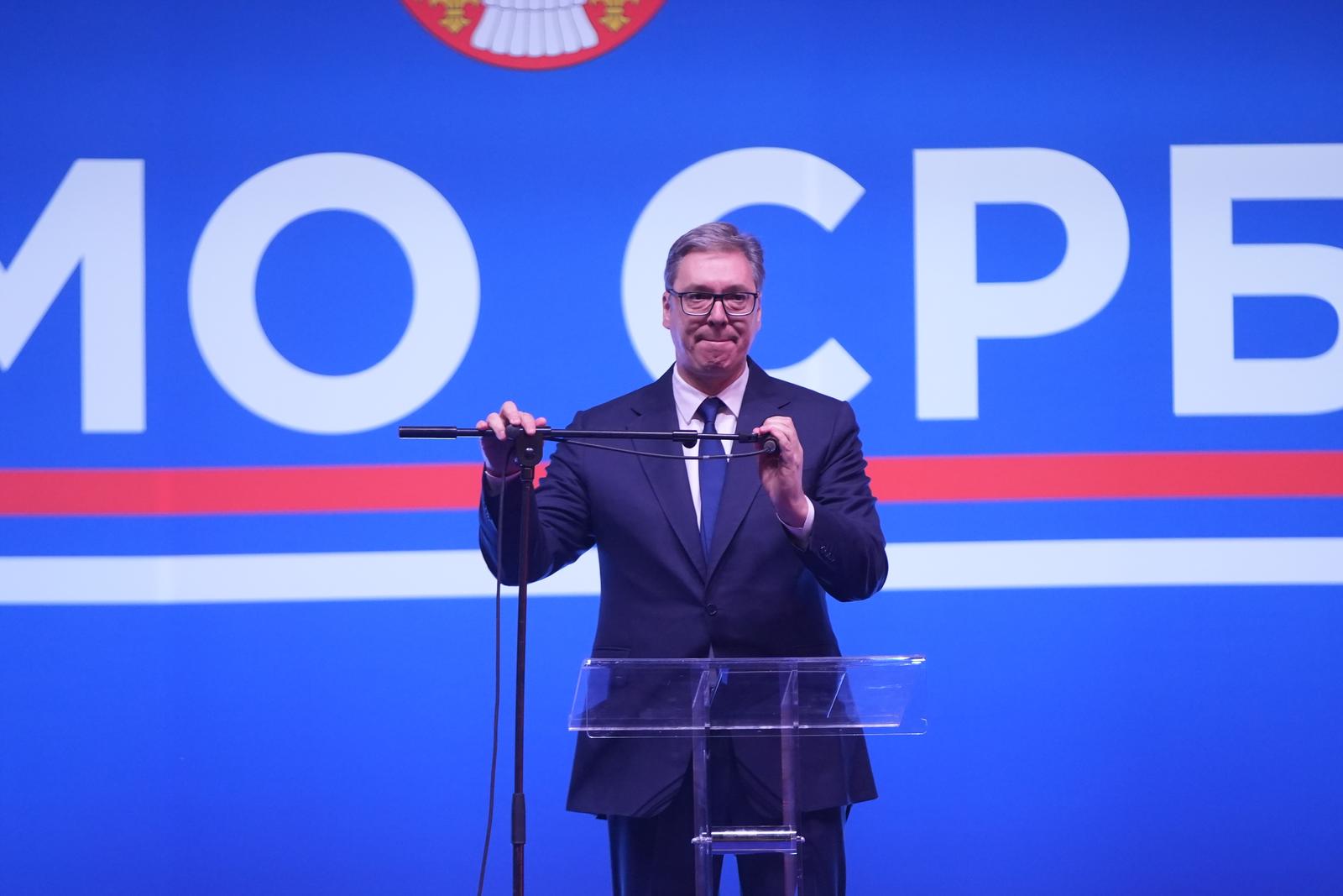12, April, 2025, Belgrade - On the second day of the three-day rally of the Movement for the People and the State "We Will Not Give Up Serbia!", a rally was held in front of the National Assembly of the Republic of Serbia. Aleksandar Vucic.    

12, april, 2025, Beograd - Drugog dana trodnevnog skupa Pokreta za narod i drzavu "Ne damo Srbiju!" ispred Narodne skupstine Republike Srbije odrzan je miting.     Photo: Antonio Ahel/ATAImages/PIXSELL