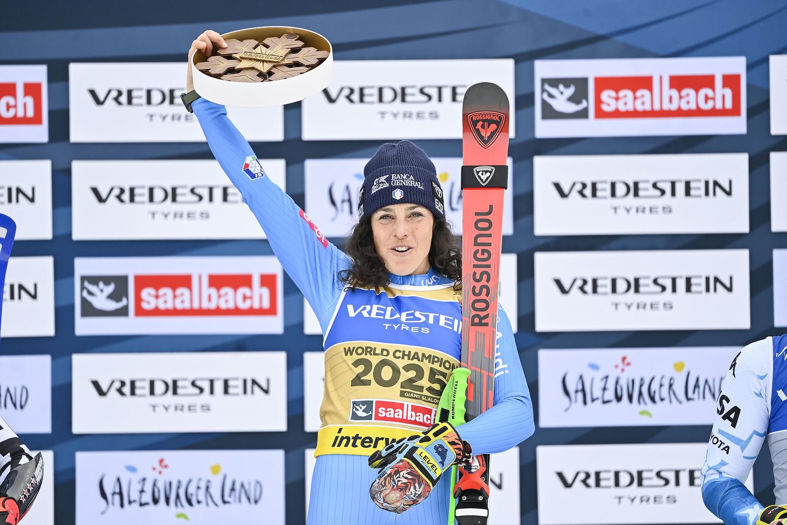 13.02.2025., Saalbach, Austrija - Svjetsko skijasko prvenstvo 2025 - veleslalom zene.

Brignone Federica (Ita) osvojila je zlato u vleslalomu, srebro 
Robinson Alice (Nzl) broncu 
Stjernesund Thea Louise (Nor) Photo: Igor Soban/PIXSELL